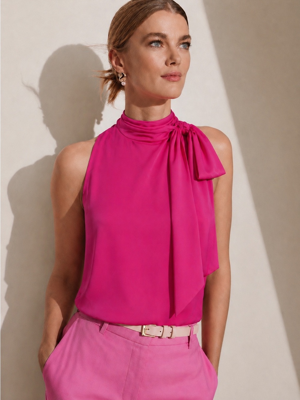 Ann Taylor Fuchsia Pink Bow Tie Sleeveless Blouse | Elegant Workwear Top
